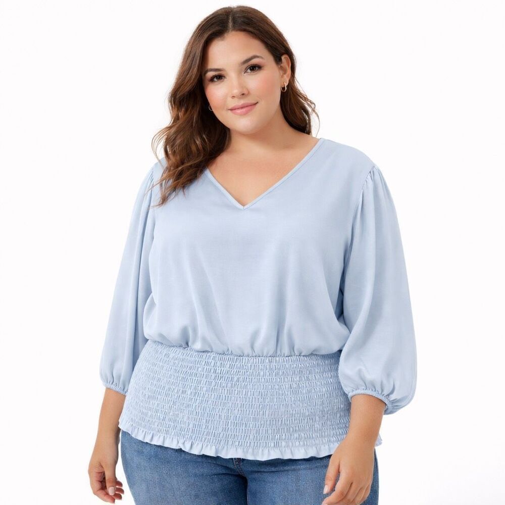 The Line of Style Womens 3X Blue Satin Smocked Waist Balloon Sleeve Blouse